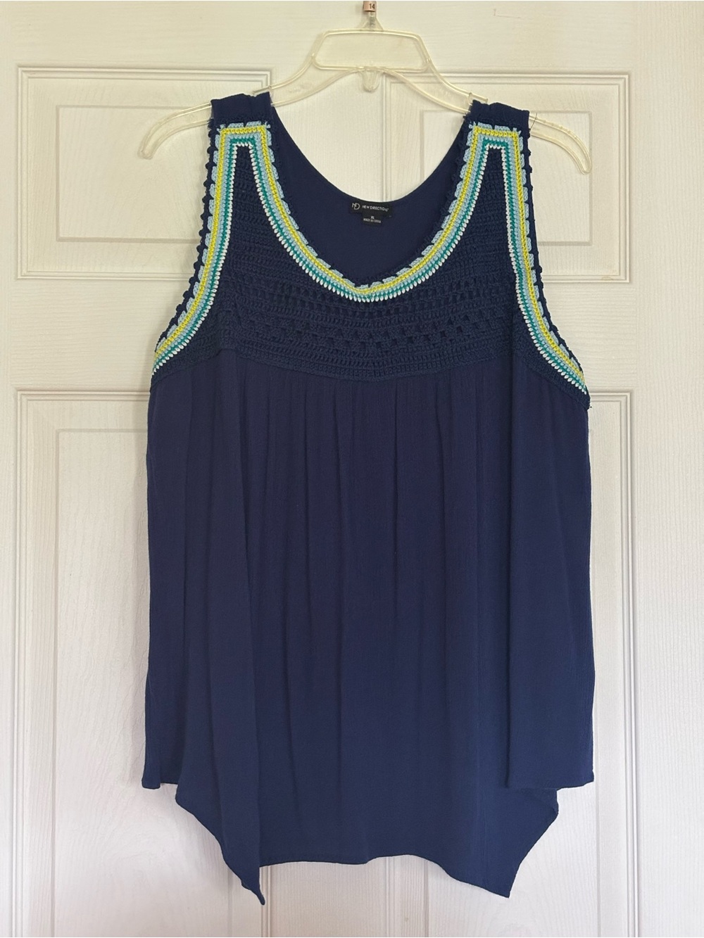 new directions Navy Crochet Yoke Tank with Aqua and Yellow Trim